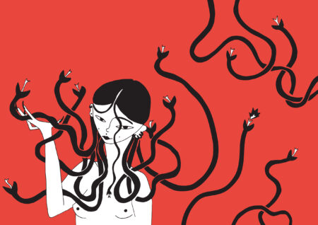 femme avec cheveux serpents sur fond rouge